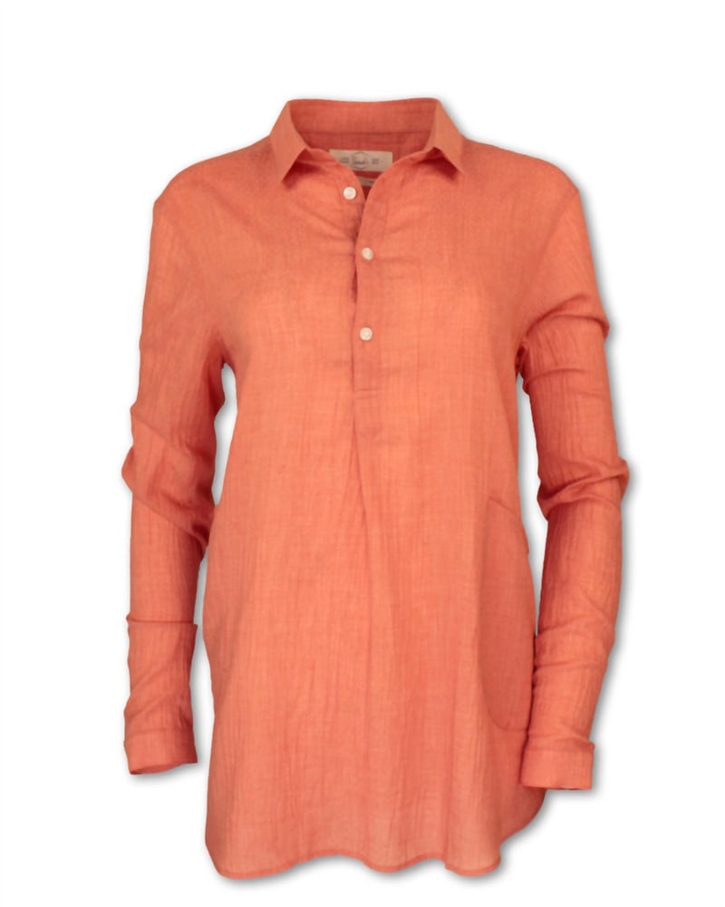 Front of a size Large Dobby Double Pocket Tunic in Sunset in Sunset by Purnell. | dia_product_style_image_id:333635